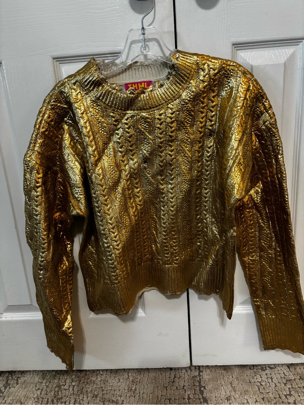 THML Metallic Gold Cable-Knit Sweater Womens S